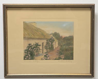 Wallace Nutting "Primrose Cottage" Signed Print: Signed hand-colored photograph print by listed Massachusetts artist Wallace Nutting. The print is titled "Primrose Cottage" and is signed in the lower right margin. Sight measures approx 9-1/2" across