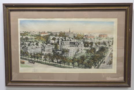 Richard Rummell Northwestern University Engraving: Framed antique color engraving by listed New York artist Richard Rummell (1848-1924). The engraving is titled "Northwestern University" and is dated 1907. Nice birds-eye view of the school. Sight meas