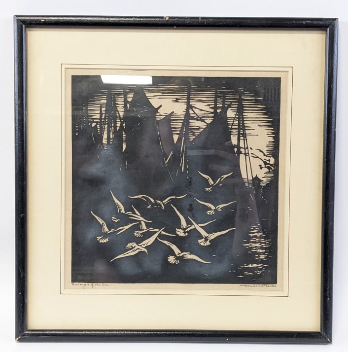 Donald Witherstine Messengers Of The Sea Woodblock: Original woodblock print on paper by listed Massachusetts artist Donald Frederick Witherstine (1895-1961). The woodblock is titled "Messangers of the Sea" and is pencil signed in the lower right plate