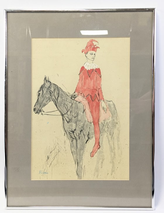 Pablo Picasso "Jester On Horseback" Print: Early framed print by artist Pablo Picasso. The print is titled "Jester On Hoarseback" and is framed under glass with his facsimile signature. Sight measures approx 9-1/2" across x 13-3/4" tall, frame