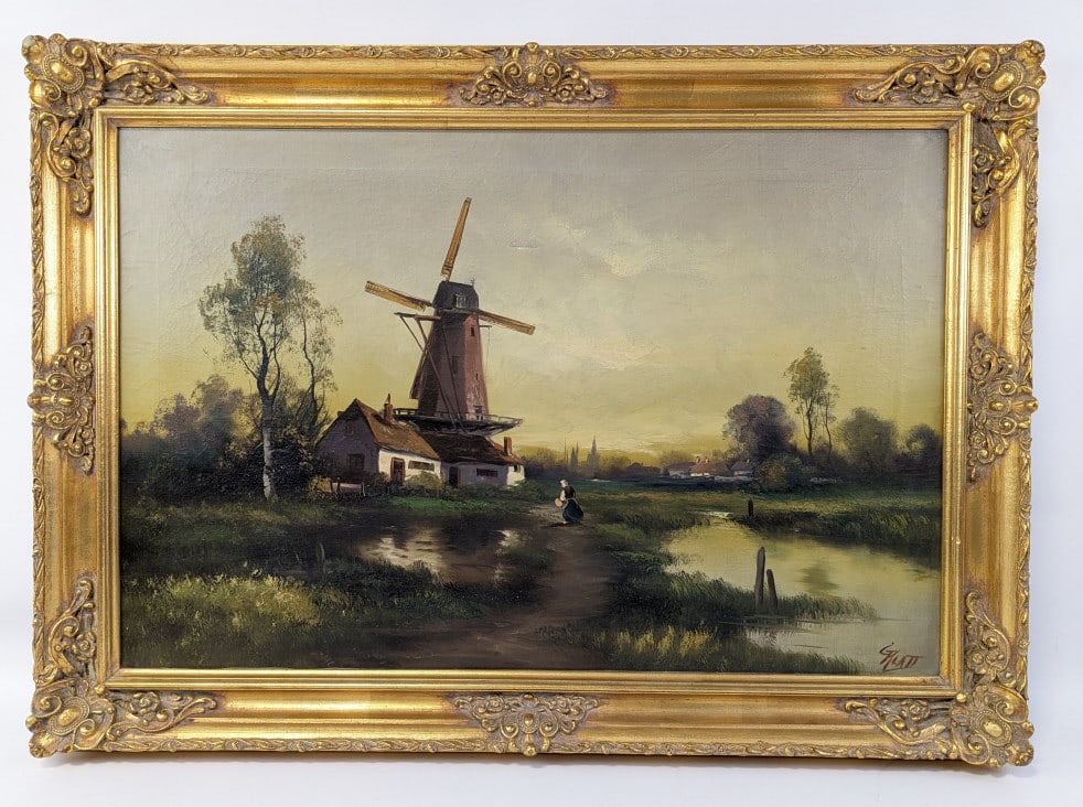 George Platt "Dutch Landscape" Oil On Canvas: OIl on canvas painting by listed Illinois artist George W. Platt (1839 - 1899). The painting features a Dutch landscape and is signed in the lower right. Sight measures approx 29-1/4" across x 19-1/4"