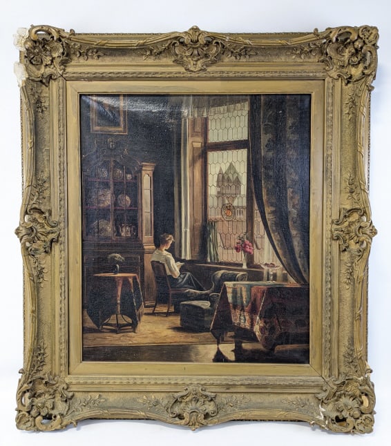 Carl Murdfield "Woman Reading" Oil On Canvas: OIl on canvas painting by listed German artist Carl Murdfield (Born 1868). The painting features a woman sitting down reading a book in front of a large window and is signed in the lower left. Sight m