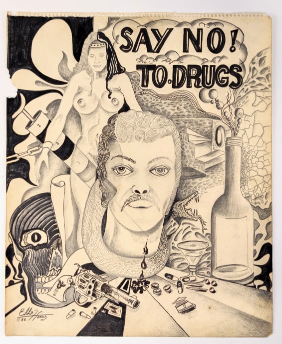 Eddie Harris Say No! To Drugs Ink & Pencil Drawing: Original unframed ink & pencil drawing by Chicago Outsider / Black Activist / Soul Power artist Eddie Harris. The drawing is titled "Say No! To Drugs" and features a black mans face and a nude black w