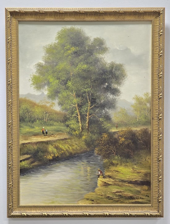 Unsigned Spring Landscape Oil On Canvas Painting: Unsigned oil on canvas painting featuring a country Spring landscape. Nice quality painting. Sight measures approx 19-1/4" across x 26-3/4" tall, framed measures approx. 23-1/4" across x 30-1/2" tall.