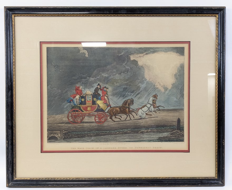 James Pollard The Mail Coach In A Storm Aquatint: "The Mail Coach In A Thunder Storm On Newmarket Heath" aquatint engraved by G. Reeves after James Pollard. Published in London in 1827 by John Watson. Sight measures 16-3/4" across 12-1/4" tall, frame