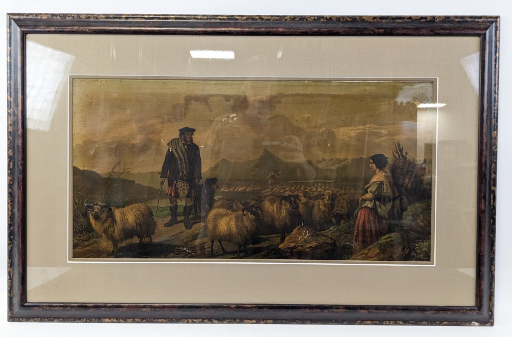 Antique Scottish Sheep Herder Oil Painting: Antique framed oil on paper painting featuring a Scottish sheep herder with his flock and a sitting woman, unsigned. Sight measures 26" across x 13" tall, framed measures 36" across x 22-3/4" tall . F