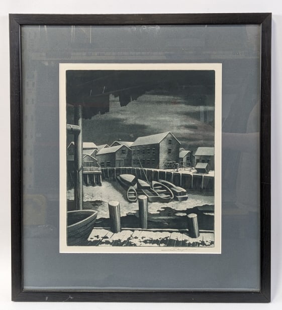 S. L. Margolies Slumbering Harbor Signed Engraving: Signed original engraving by listed New York artist Samuel L. Margolies (1897-1974). The engraving is titled "Slumbering Harbor" and is pencil signed in the lower right. Sight measures 10-7/8" across