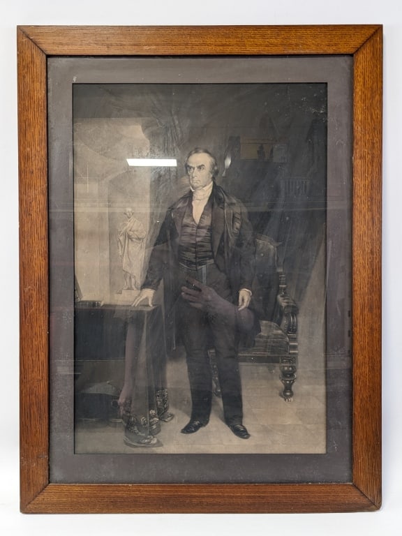 Engraving Of Daniel Webster After Chester Harding: Early engraving of Daniel Webster after Chester Harding. The engraving is in nice condition in an antique oak frame. Overall measures 23-5/8" across x 31-3/4" tall.