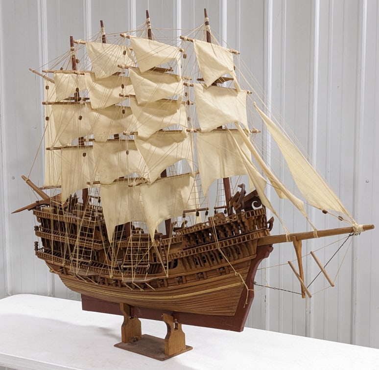 Prisoner Made Spanish 22 Gun Galleon Ship Model: Large hand-crafted Spanish 22 Gun Galleon Ship wood model. The ship was made over years by inmates in a Mexican prison. The model has very nice detail and is hand painted. Has some imperfections and n