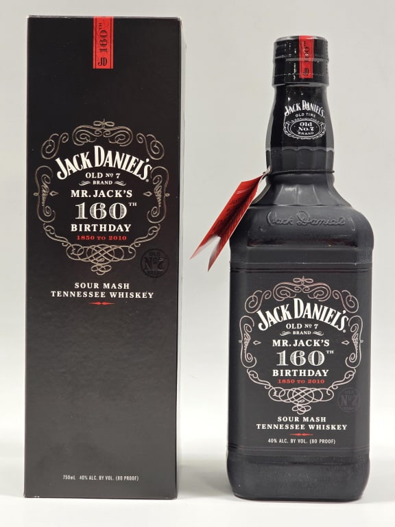Jack Daniels Mr. Jack's 160th Birthday Bottle: Unopened Jack Daniel's Mr. Jack's 160th Birthday Bottle. The 750ml bottle of Tennessee Whisky was released in 2010 and the production was extremely low. Comes in the original outer box with hang-tag a