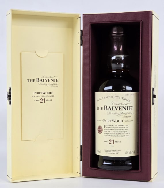 The Balvenie 21 Year Single Malt Scotch Whisky: Unopened 750ml bottle in the original box. Portwood Finished Single Malt, older bottling.