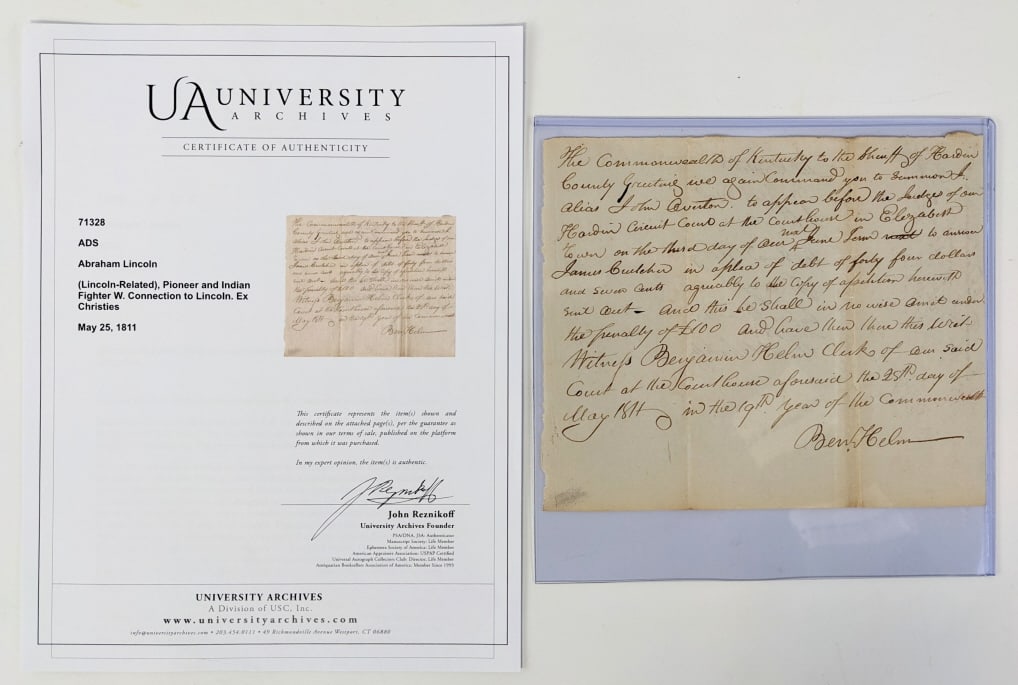 1811 Lincoln Related Letter From Ben Helm: 1811 Lincoln-Related letter from Pioneer & Indian Fighter Ben Helm. Ben Helm was the grandfather of Confederate General Ben Hardin Helm who married Emilie Todd, sister of Mary Todd Lincoln. In 1806 He