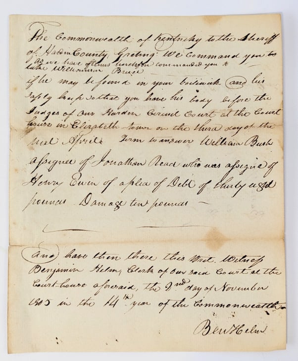 1805 Lincoln Related Letter From Ben Helm: 1805 Lincoln-Related letter from Pioneer & Indian Fighter Ben Helm. Ben Helm was the grandfather of Confederate General Ben Hardin Helm who married Emilie Todd, sister of Mary Todd Lincoln. In 1806 He