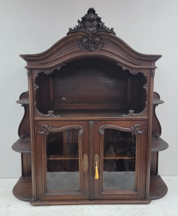 Beautiful Antique French Cabinet Top Section: Beautiful antique French cabinet top. The top has two center glass pain doors with side and top shelves. Measures approximately 45" tall x 45" across x 15" deep.