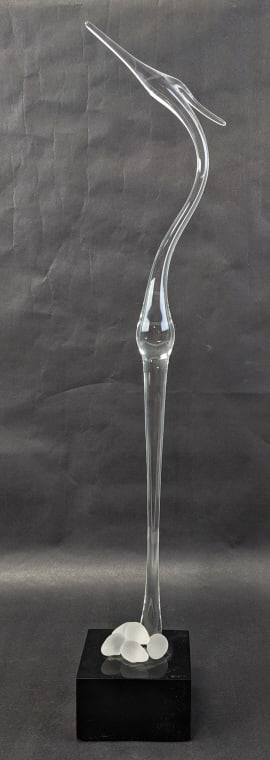 1979 Guyol Glass Bird With Eggs Statue: Dated 1979 Gyyol clear glass bird with frosted glass eggs statue. The glass pieces fit into the black lucite base. Nice condition and displays great. Measures approximately 21-3/4" tall x 4" across x 