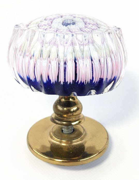 Perthshire Millefiori Paperweight Drawer Pull: Perthshire Crieff Scotland Millefiori Paperweight Drawer Pull. Has a blue base color with white & light purple canes. It is in nice condition. Paperweight measures approximately 1" tall x 2" in diamet