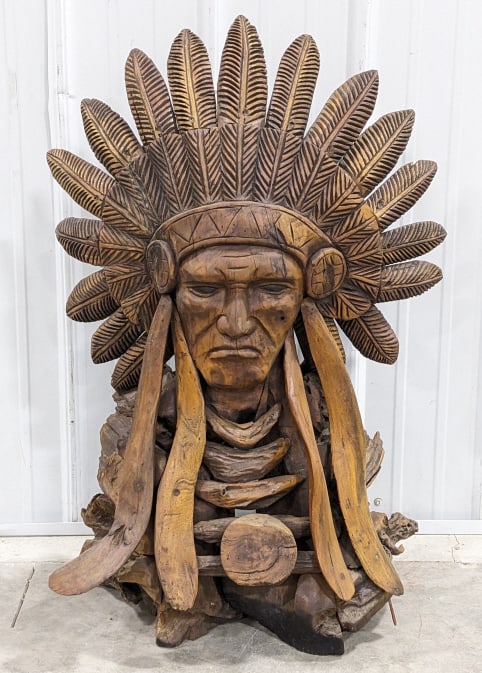 Carved Wood Indian Chief With Headdress Sculpture (1 of 7)