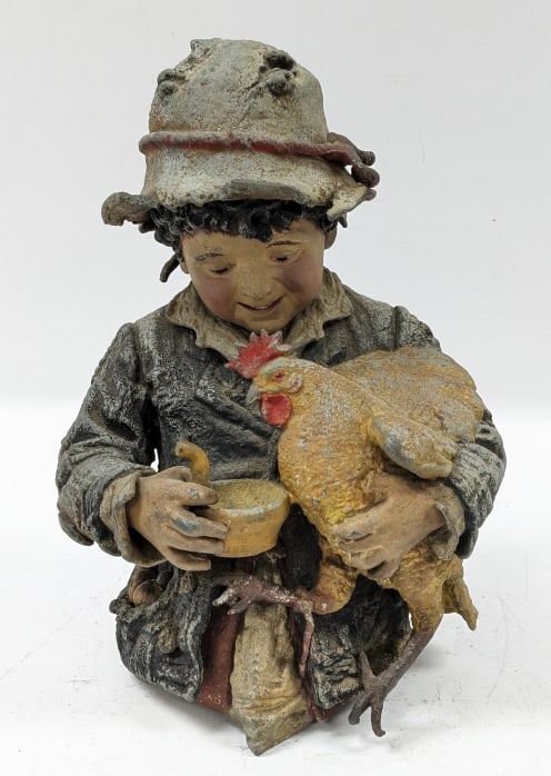 Antique Boy Feeding A Chicken Spelter Statue (1 of 8)