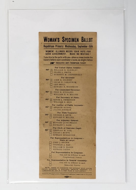 1920's Republican Primary Woman's Speciman Ballot: 1920's Illinois Republican Primary Woman's Speciman Ballot. Good overall condition with some age wear. Overall measures approximately 8-3/4" tall x 3-1/2" across.