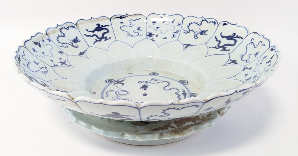 Large Chinese Blue & White Porcelain Footed Bowl: Large Chinese blue & white porcelain footed bowl. Marked on the base. Nice condition with no chips or cracks. Measures 4-7/8" tall x 15-1/2" in diameter.