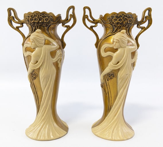 Pair Of Salon Michele Art Nouveau Vases: Pair of Design Toscano Salon Michele Art Nouveau Vase.The vases are high quality replicas cast from the 19th century originals. Finished in designer resin and faux ivory with gold leaf. Nice condition