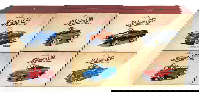 (6) Hallmark Kiddie Car Classics Limited Edition Pedal Cars: Hallmark Kiddie Car Classics miniature pedal cars. The cars include a 1953 Ford F-100, 1945 Gillham Fire Engine, 1965 Ford Mustang, 1957 Chevrolet Bel-Air, Tracy's Hot Rod, and 1977 Pontiac Trans Am.