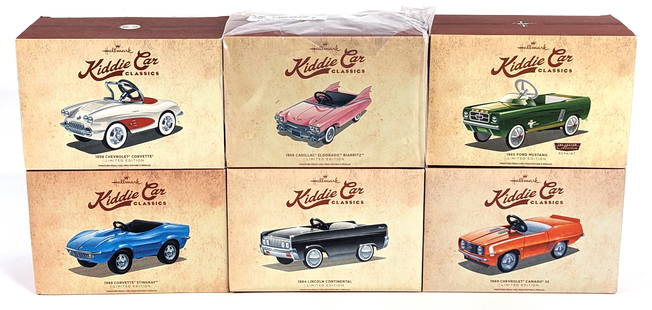 (6) Hallmark Kiddie Car Classics Limited Edition Pedal Cars: (6) Hallmark Kiddie Car Classics limited edition miniature pedal cars. The cars include 1969 Chevrolet Camaro SS, 1958 Chevrolet Corvette, 1964 Lincoln Continental, 1965 Ford Mustang, 1968 Corvette St