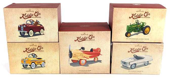 (5) Hallmark Kiddie Car Classics Limited Edition Pedal Cars: (5) Hallmark Kiddie Car Classics limited edition miniature pedal cars. Includes 1949 Gillham Sport, 1952 John Deere Model 60 pedal tractor, 1969 Chevrolet Camaro SS, 1949 Gillham Taxi, and 1956 Gillha