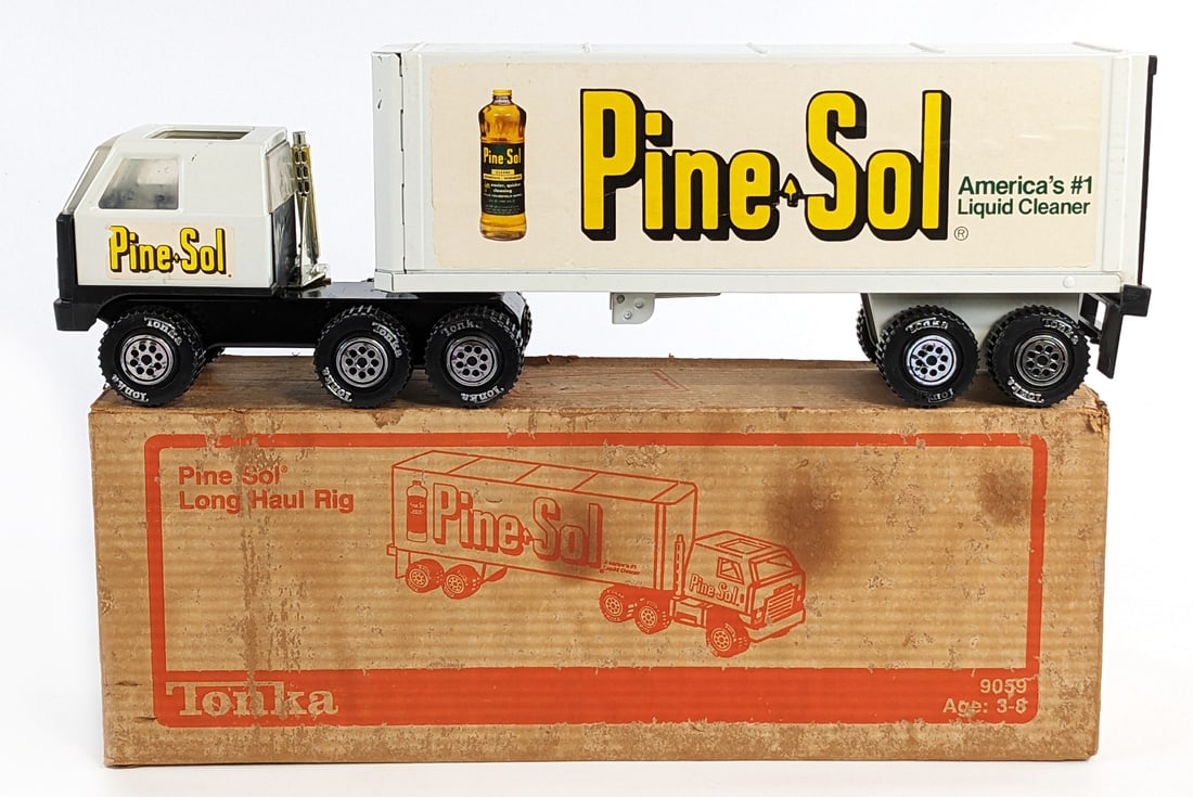 Original Tonka Pine-Sol Truck & Trailer In Box: Original Tonka Pine-Sol truck and trailer in the original box. The truck has some decal loss, rub marks / scuffs from being in the box, and the windshield is a little foggy. The box is missing one end