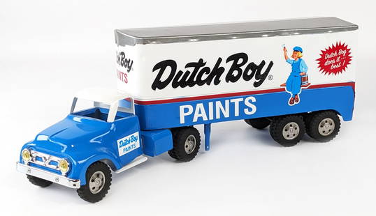 Custom Tonka Dutch Boy Paints Truck & Trailer: Custom Tonka Dutch Boy Paints round fender truck and trailer. The truck has a somewhat amateur paint job. The trailer is missing the wheels for the landing gear. Overall a decent looking truck that wo