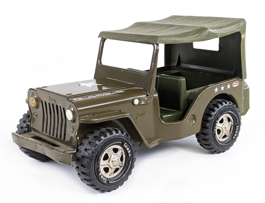 Original Tonka Army Jeep: Original Tonka army jeep. The Jeep is missing the support poles for the canopy, has some scratch marks, and light wear from play / age. Measures approximately 10-1/2" long.