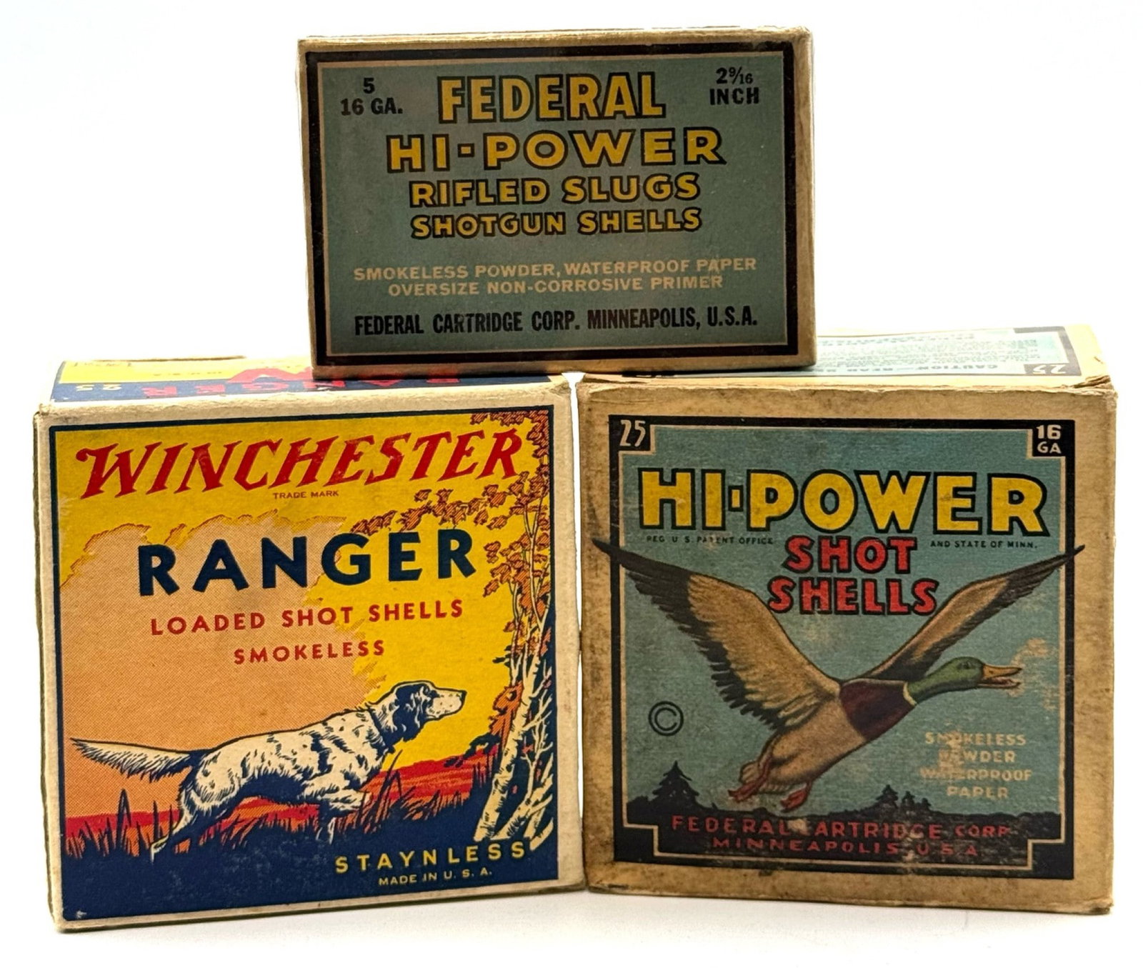 (3) Federal & Winchester .16 Ga Shotgun Ammo: (3) Federal & Winchester .16 Ga Shotgun Ammo.? All three shotgun boxes are full, boxes are in nice used condition.?