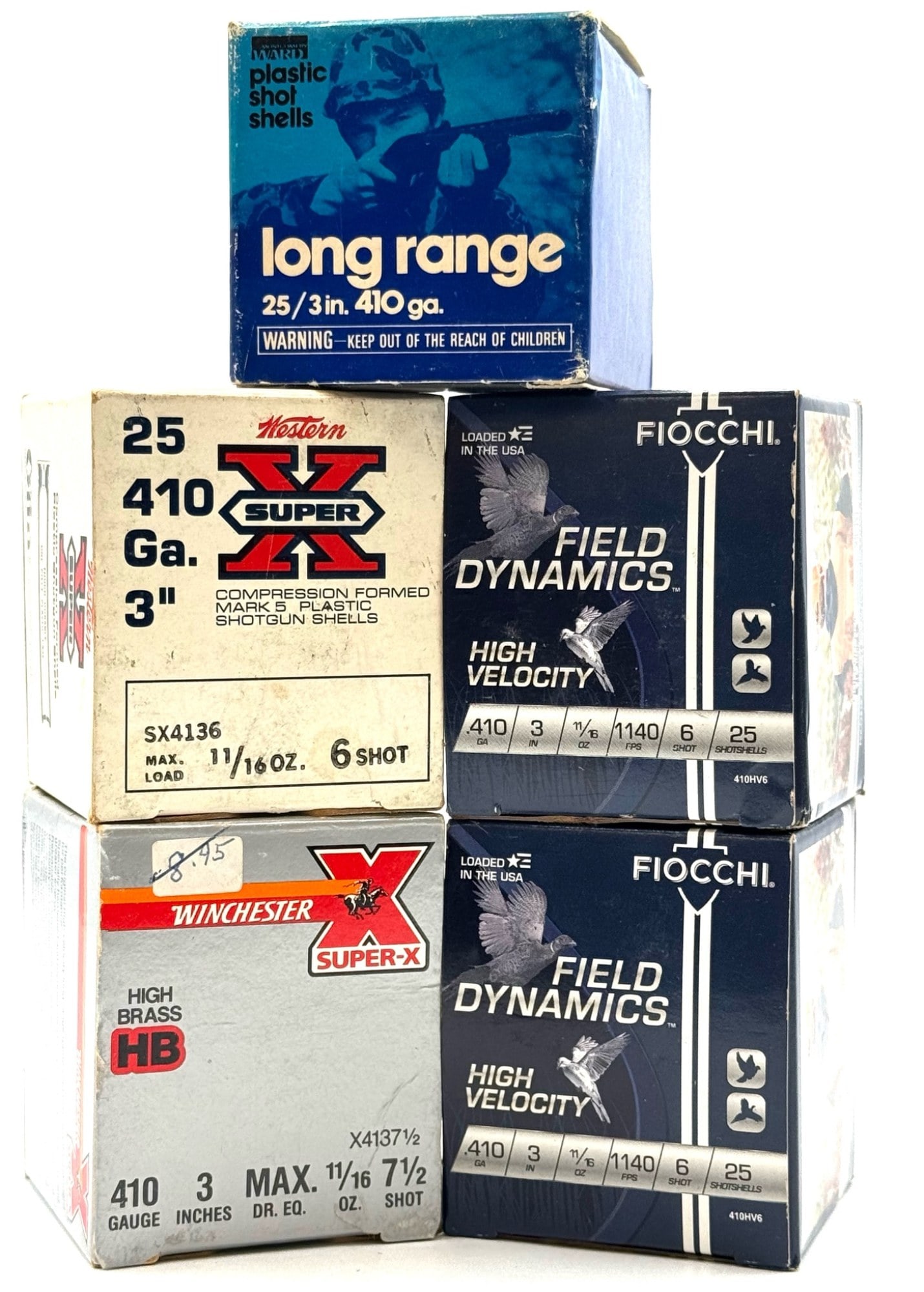 125 Winchester & Field Dynamics .410 Ga Shotgun Shells: 125 Winchester, Montgomery Wards & Field Dynamics .410 Ga Shotgun Shells.? All five boxes are full.? Three of the boxes are 6 shot and one is 7.5 shot and one is 4 shot.?