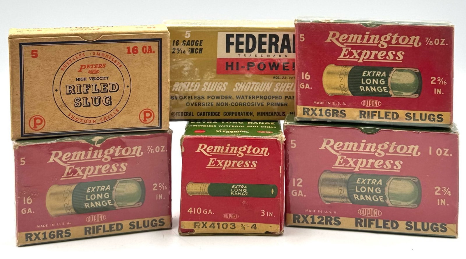 Remington Express, Peters & Federal Hi-Power .12, 16 & 410 Ga Shotgun Shells in Boxes: Remington Express, Peters & Federal Hi-Power .12, 16 & 410 Ga Shotgun Shells in Boxes.? Five of the 12 and 16 Ga boxes are full of shotgun shells.? The Remington 410 box contains 8 shells.? This is a 