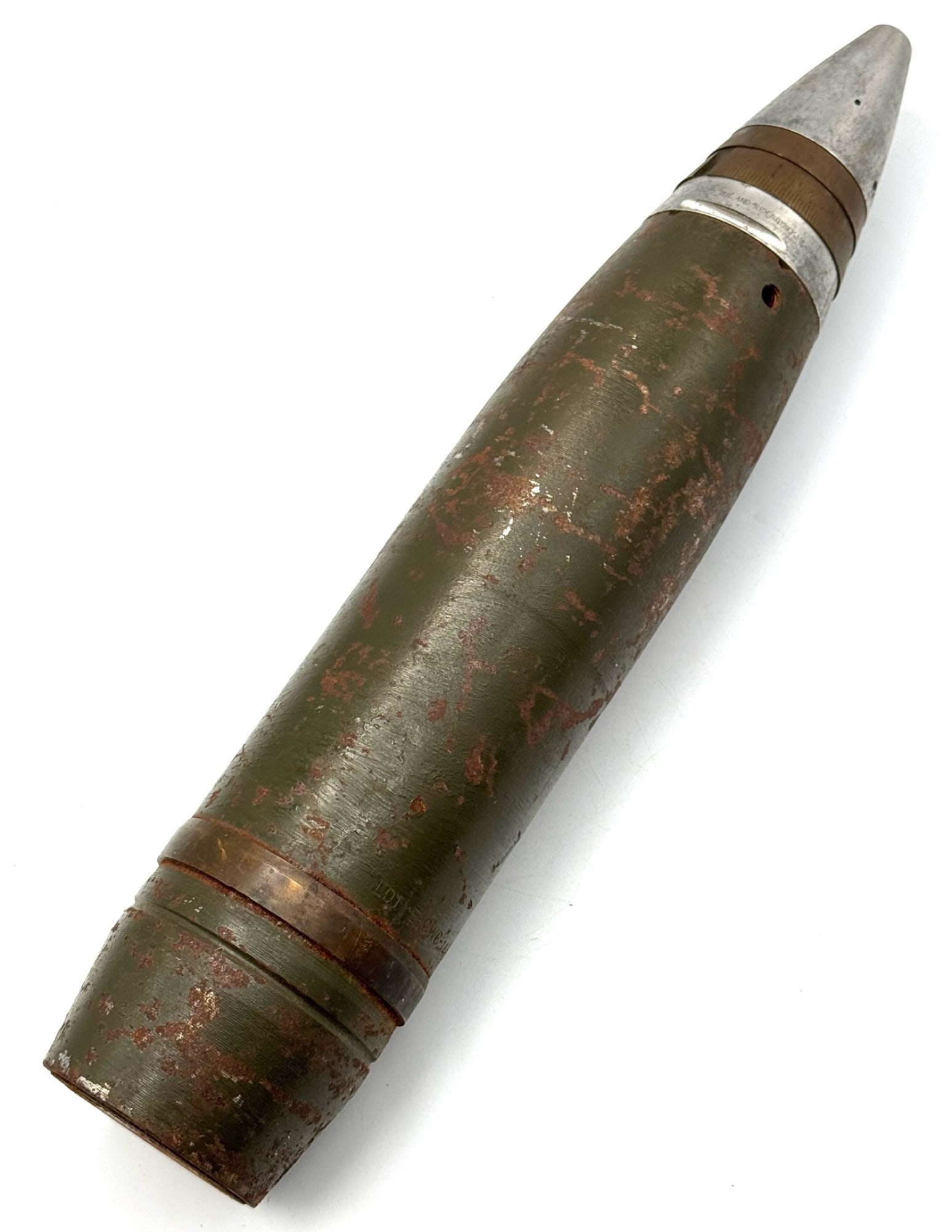 American 1943 75mm M48 INERT Dummy Fuze Round: American 1943 75mm M48 INERT Dummy Fuze Round.? The 1943 American 75mm M48 INERT round is in nice used condition.? The round reads Lot E CWC -14-1943.? Round measures 15 1/4 inches in length.? Round d