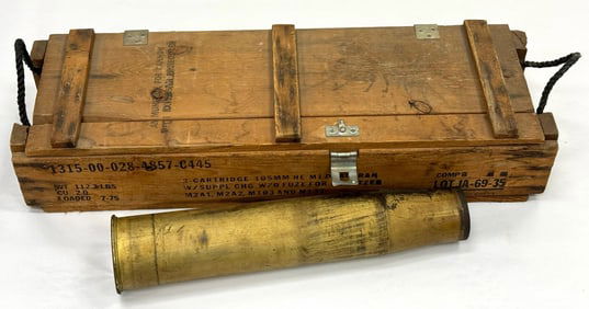 1943 M71 Shell Casing Artillery Round in Wooden Cartridge Box