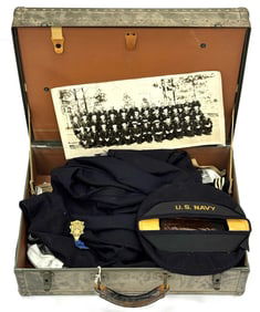 WW II US Navy Foot Locker with Uniform, Medals & Unit Photo