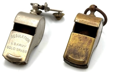 Two US Army Brass Cork Ball Whistles