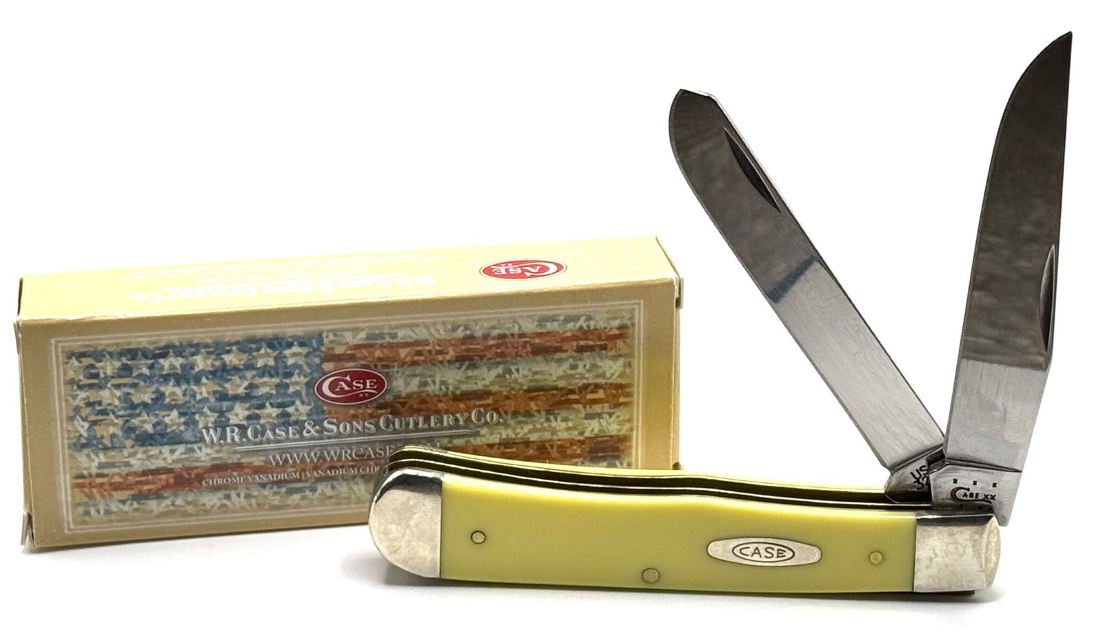 2014 Case XX Synthetic Yellow Trapper Knife 3254 CV: 2014 Case XX Synthetic Yellow Trapper Knife 3254 CV with Box.? Overall measures 4.25in long when closed