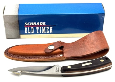 Schrade Old Timer 158OT Guthook Skinner Blade Knife w Leather Sheath NOS