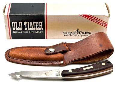 Schrade Old Timer 158OT Guthook Rigid Blade Knife w Leather Sheath in Box NOS