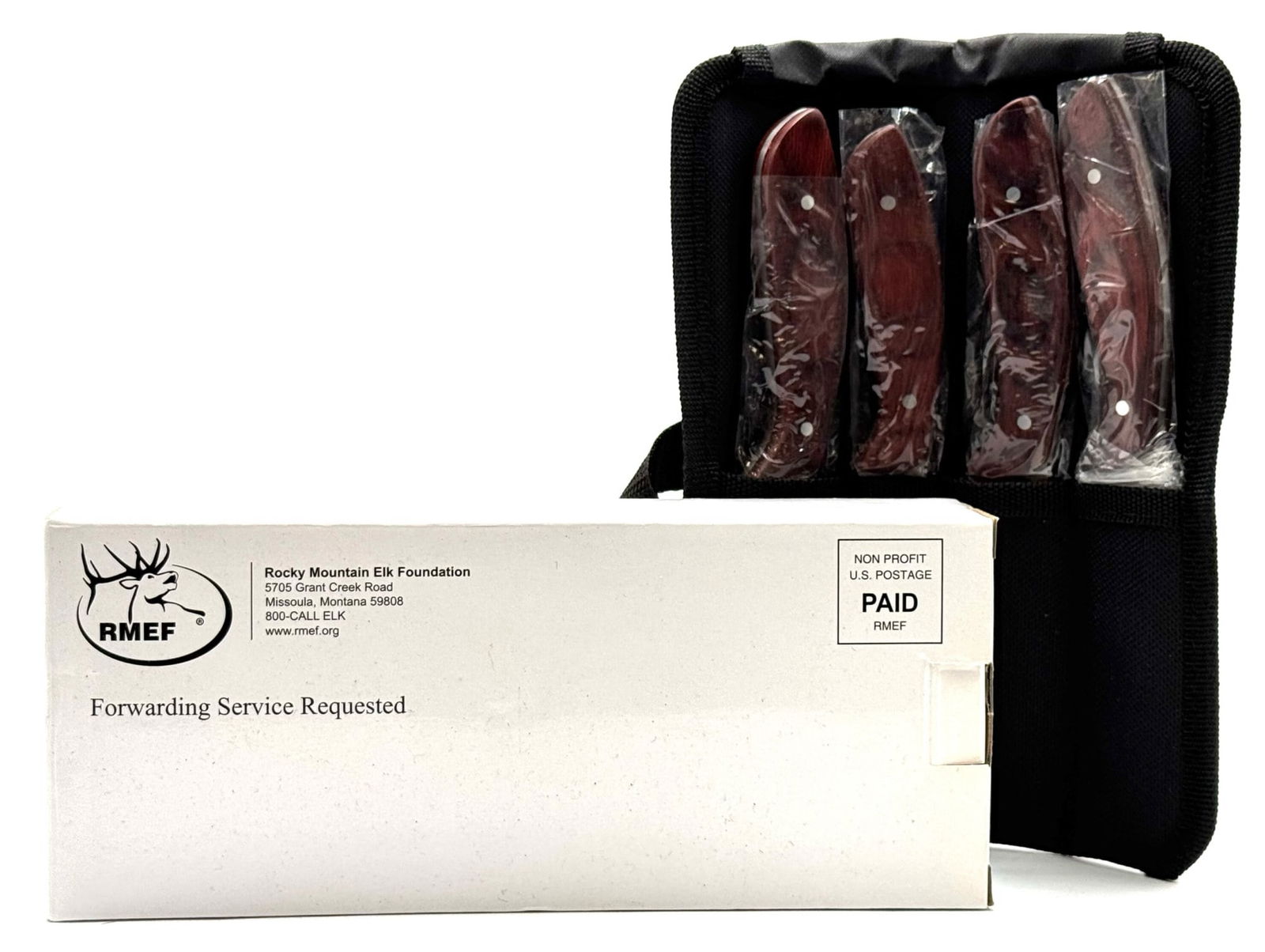NEW Browning RMEF (4) Hunting Knife Set Combo Rocky Mountain Elk Foundation: NEW Browning RMEF (4) Hunting Knife Set Combo Rocky Mountain Elk Foundation. ?This hunting knife set by Browning is a must-have for any avid hunter. The knives feature stainless steel blades and woode