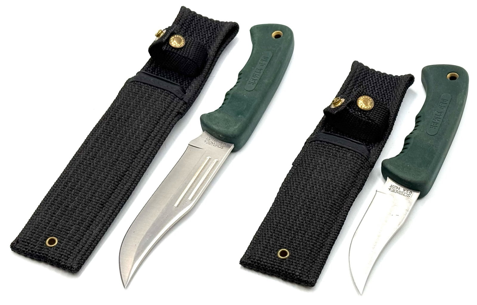 Schrade 1400T & 1420T Old Timer Fixed Blade Hunting Knives: Schrade 1400T & 1420T Old Timer Fixed Blade Hunting Knives with Sheaths.? The 1420T blade measures 3.5in long with an overall measurement of 9in long.? The 1400T has a blade that measures 5.5in long a