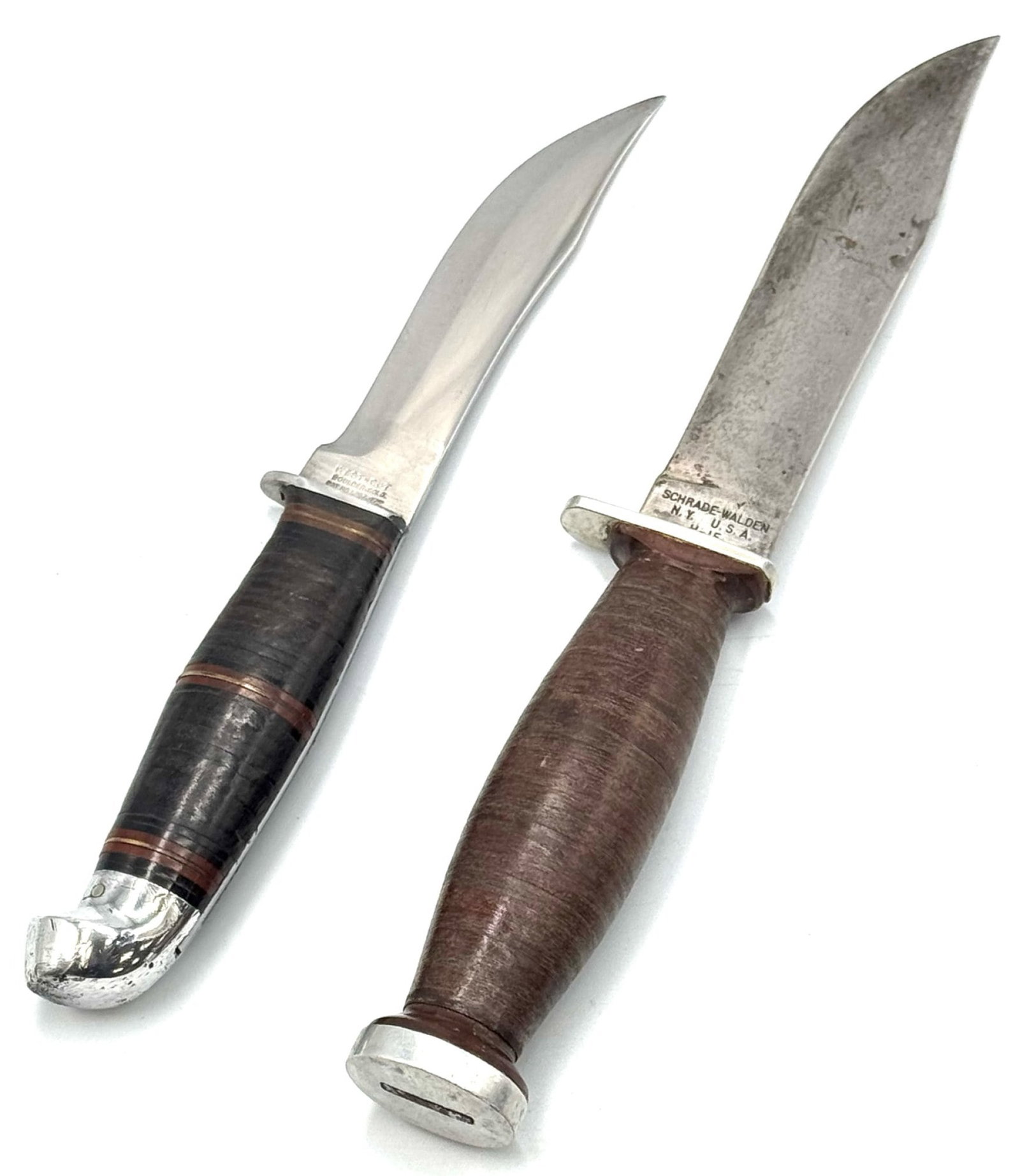 Schrade-Walden H-15 & West Cut Fixed Blade Knives: Schrade-Walden H-15 & West Cut Fixed Blade Knives.? Schrade-Walden H-15 fixed blade knife with leather stacked handle has a blade that measures 5.25in long with an overall length of 9.75in long.? The 