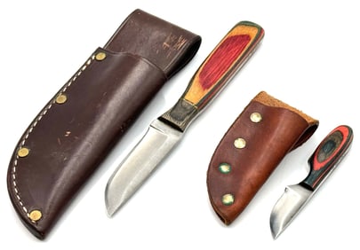 (2) ANZA USA Wood Handle Fixed Blade Knives with Leather Sheaths