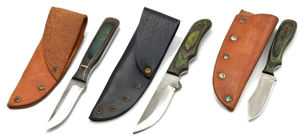 (3) ANZA Wood Handle Fixed Blade Knives with Leather Sheaths