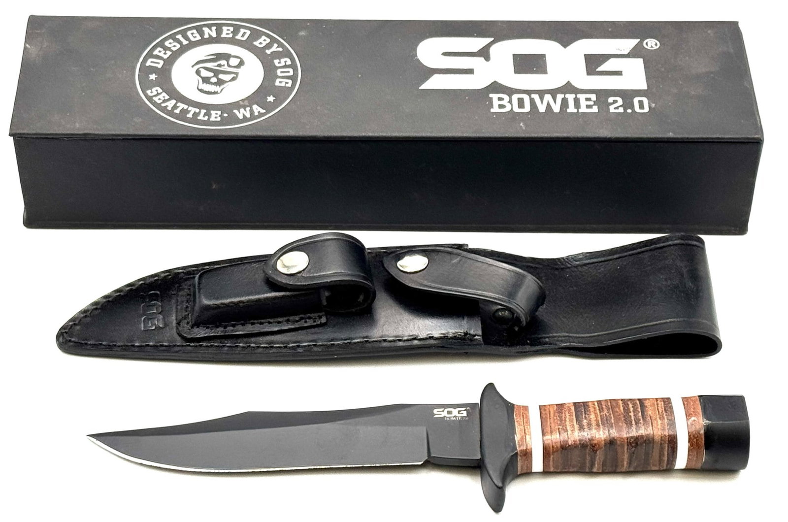 SOG Bowie 2.0 Fixed Blade Tactical Knife: SOG Bowie 2.0 Fixed Blade Tactical Knife with Multi-Mounting Tactical Sheath and Original Box. ?Features full tang blade made of quality AUS-8 steel, epoxied stacked leather washer handle, and stainle