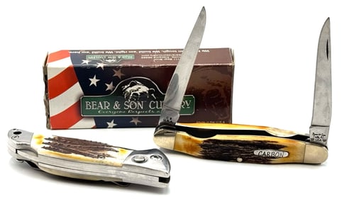 Bear & Son Cutlery 4in Stag Carbon Muskrat & Lockback Knives