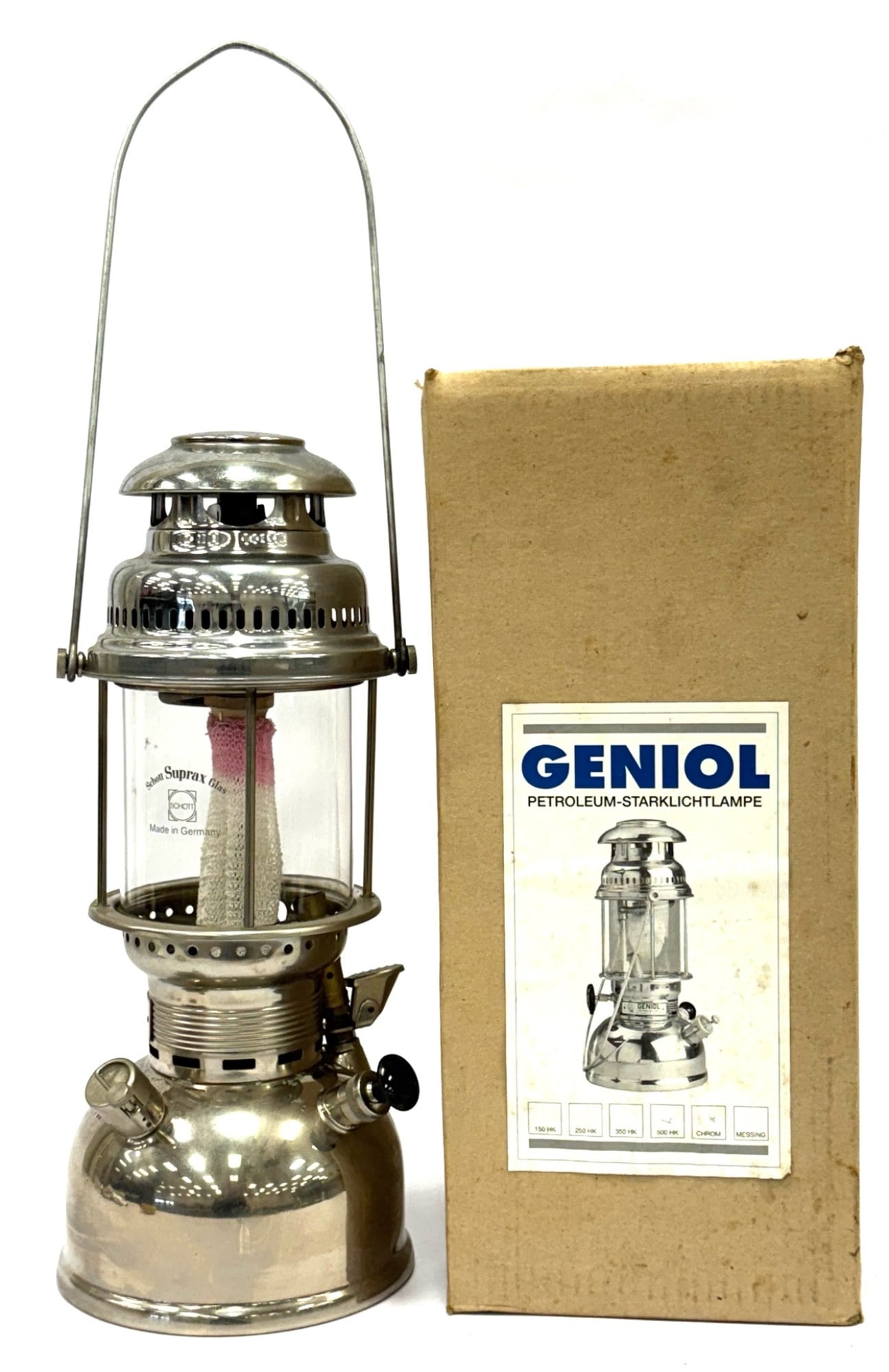 Original Geniol 500HK Petroleum-Starklight Lampe Chrome with Box: Original Geniol 500HK Petroleum-Starklight Lampe Chrome with Box.? Glass is marked Schott Suprax Glas, Made in Germany.? Lamp and box are both in good condition with minimal wear due to use and age.