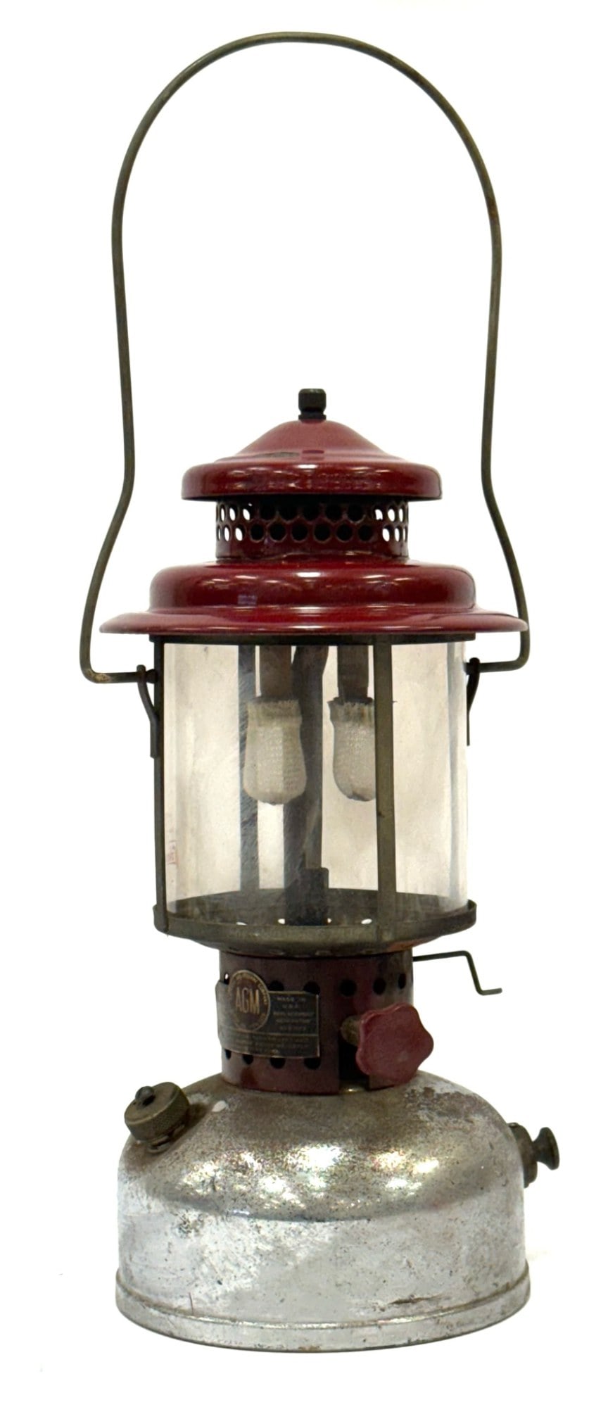 Vintage AGM Model 2572 Lantern: Vintage AGM Model 2572 Lantern with Pyrex Coleman Glass.? There is some chrome wear on base of lantern and some porcelain chipping on red mantle with some surface rust.? Otherwise in good condition wi